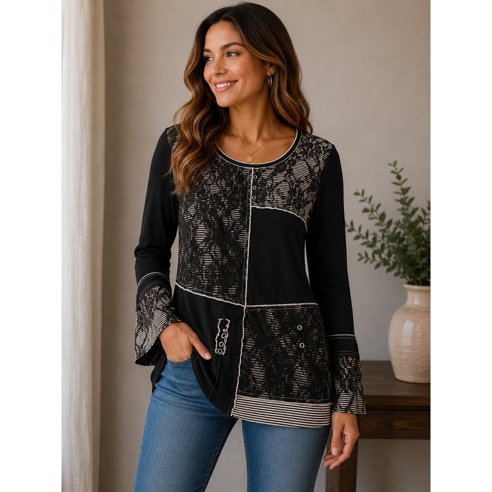 Variations Black Patchwork Lace Long Sleeve Tunic Top Mixed Media Boho Large
